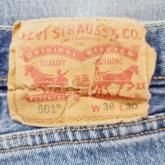Levi's 501 Mens Blue Denim Button Fly Straight Leg Jeans, Size 38X30, PRE-OWNED - Picture 6 of 11